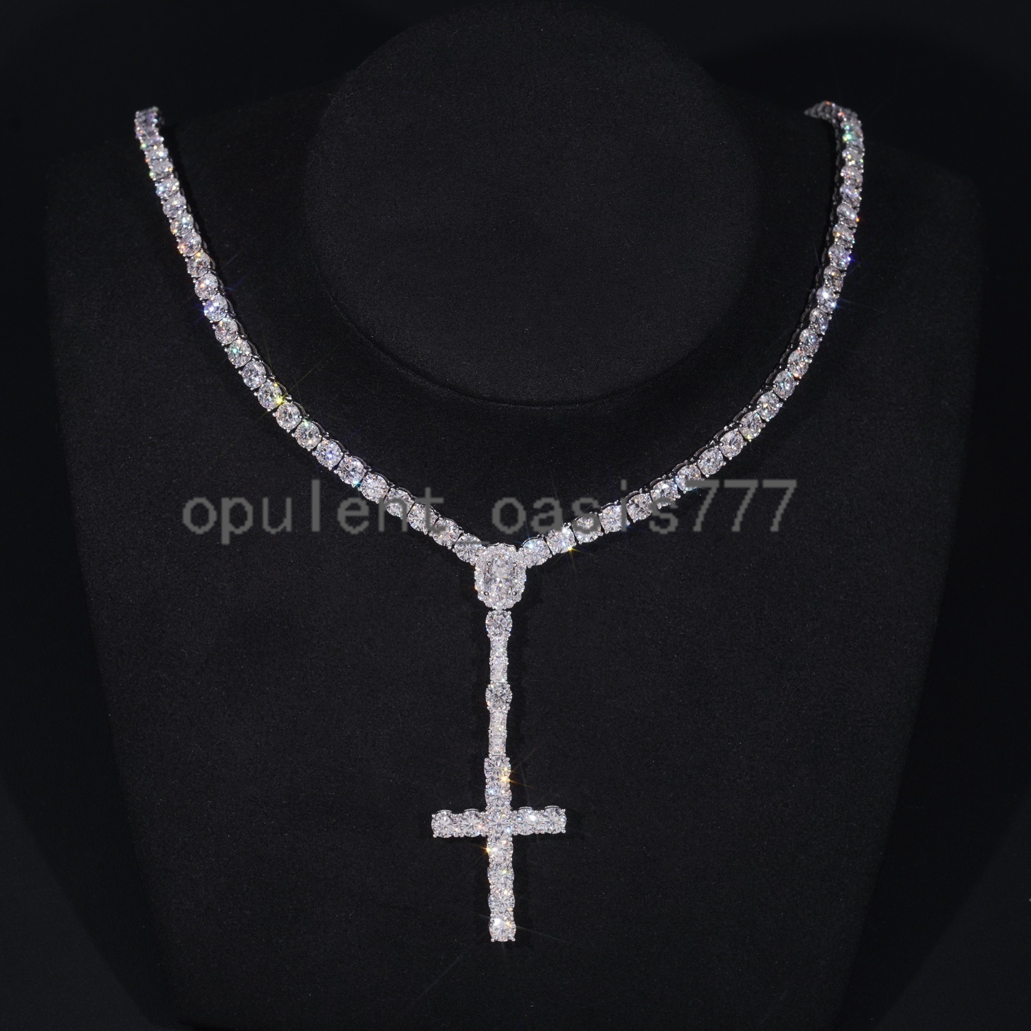 New Arrival Hot Sell Iced Out 5MM Width 925 Sterling Silver VVS Moissanite Rosary Cross Tennis Chain Necklace