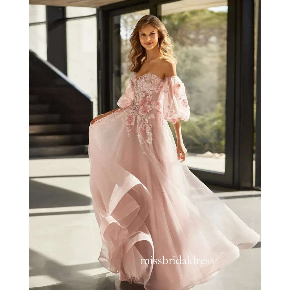 New Modern Pink Prom Party Dress 2026 Detachable Long Sleeves Sweetheart 3D Flowers Lace Appliques Tulle Evening Formal Birthday Gowns Robe De Soiree 