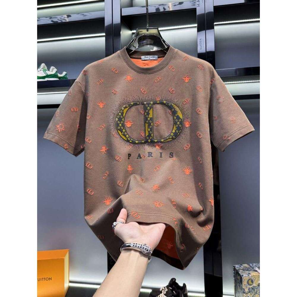 Men's American-style light luxury jacquard full-print round-neck short-sleeve T-shirt, trendy brand luxury new summer European style with rhinest