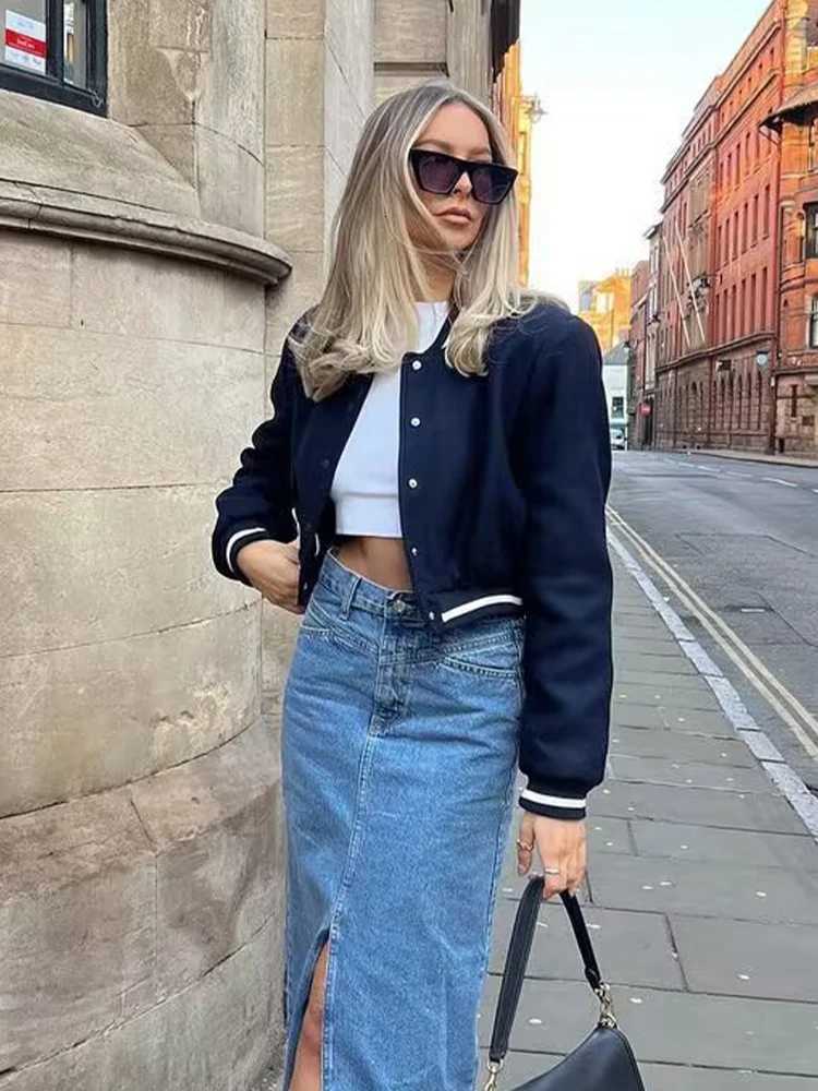 SLTNX Womens Navy Blue Loose Bomber Jacket Spring Casual Streetwear Long Sleeve Front Button Stand Collar Coat OuterwearT260328