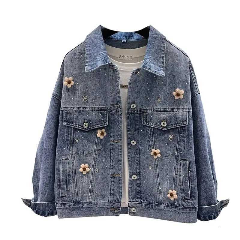 Large Size Women Denim Jacket Spring Autumn Long Sleeved Retro hot Diamond Jeans Coat New Female Casual Loose Cowboy Outwear TopT260328