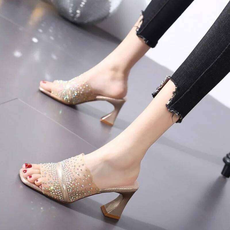 Women's Summer Open Toe Sandals Mesh Rhinestone Strap Chunky Mid Heel Outdoor Slippers