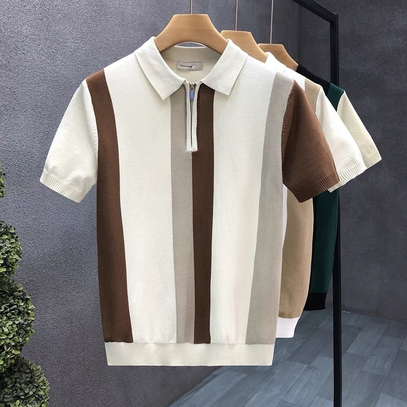 Designer Poloshirt Turn-down Collar Short Sleeve Block Knit Polo Shirt Half Zipper Slim Fit Short Sleeve British Business Trendy Brand Man Tee