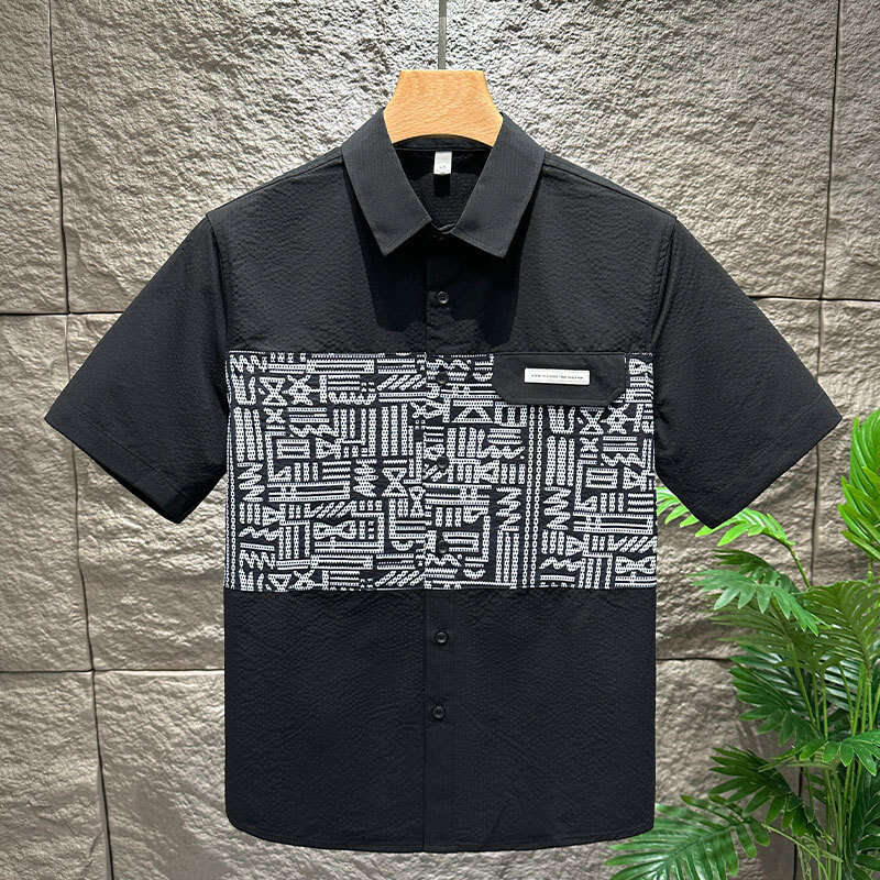 2025 Spring/Summer New Fashion Trendy Printed Short Sleeve Patchwork Casual Loose Versatile Shirt Men's Apparel