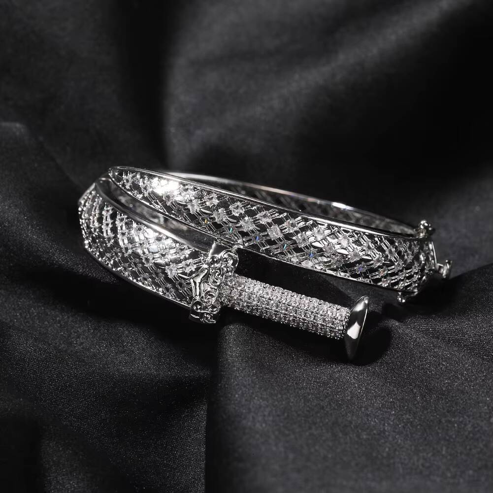 Copper Rhodium Plated Gold Plated Moissanite Sword Chain Link Bracelet Trendy for Anniversary Gift