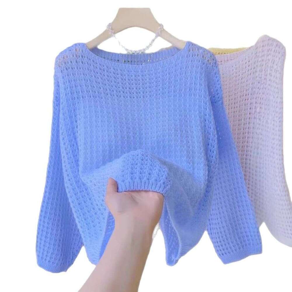 Summer New Gentle Sweet Pink Hollow Knit Top Women Off-Shoulder Long Sleeve Thin Shawl Cover-Up
