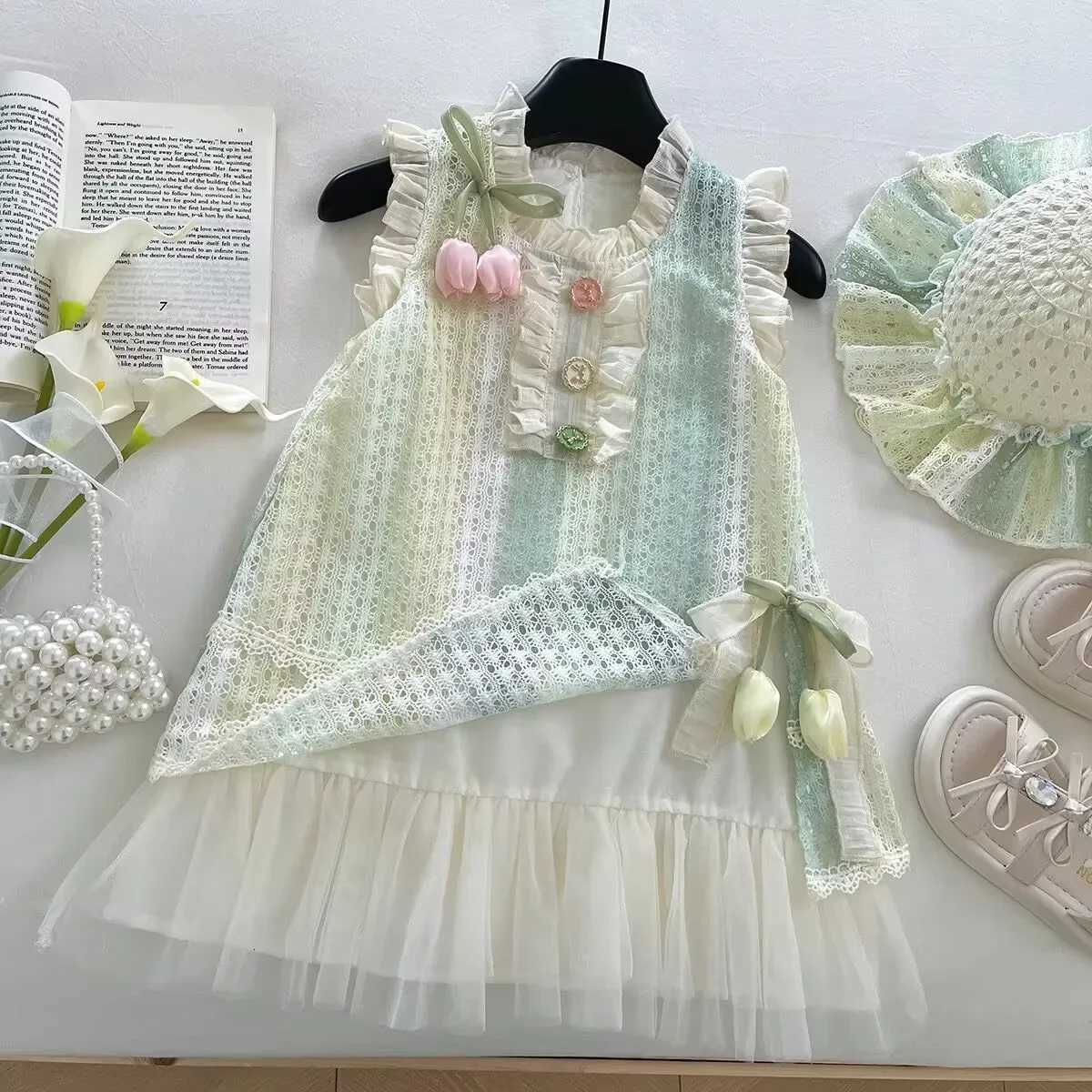 Girls Casual Dresses Sleeveless Lace Sundress Lace Flower Princess Dress Kids Dresses for Girls 2 To 8 YearsT260330