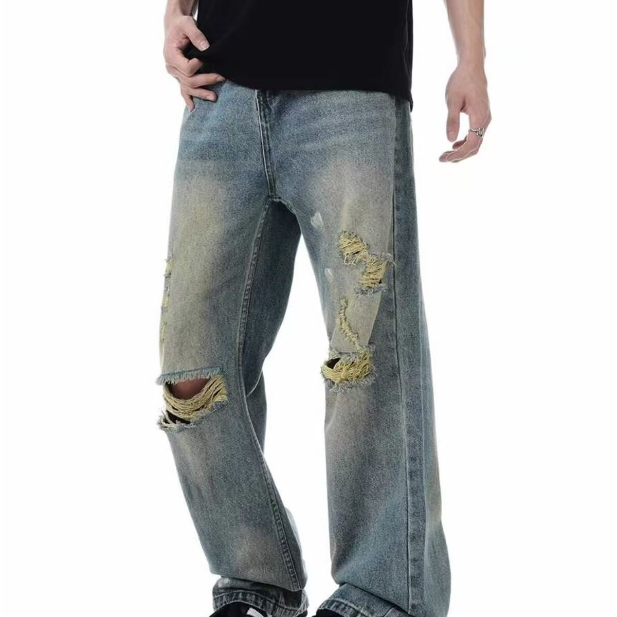 Men's Contemporary Streetwear Jeans Featuring Bold Lettering Modern & Durable Fit-K7035
