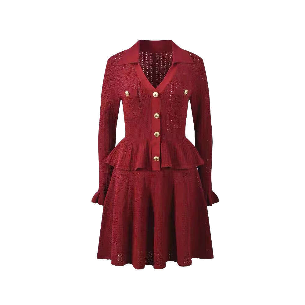 2026 Autumn New Designer French S18 Elegant Wine Red Women's V-neck Hollow Long Sleeve Knitted Dress