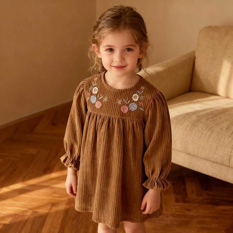 Spring Autumn Kids Baby Girls Long Sleeve Sweet Embroidery Flower Princess Dress New Black Girl Dress Children Clothes DressesT260330