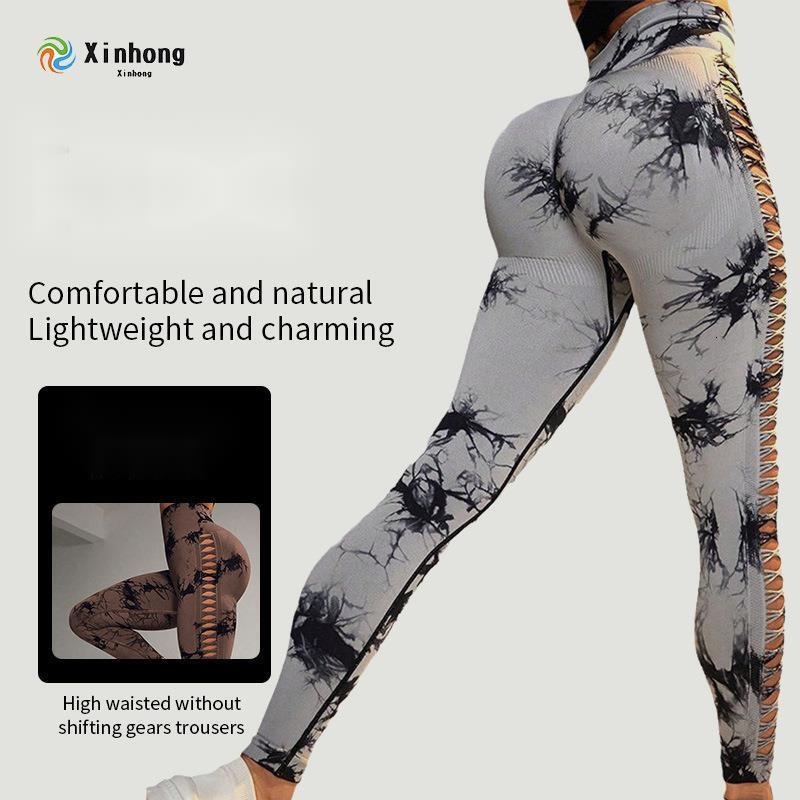 Hollow-out yoga pants, high-waisted peach butt-lifting sports fitness pants, breathable tie-dye seamless yoga wear for women