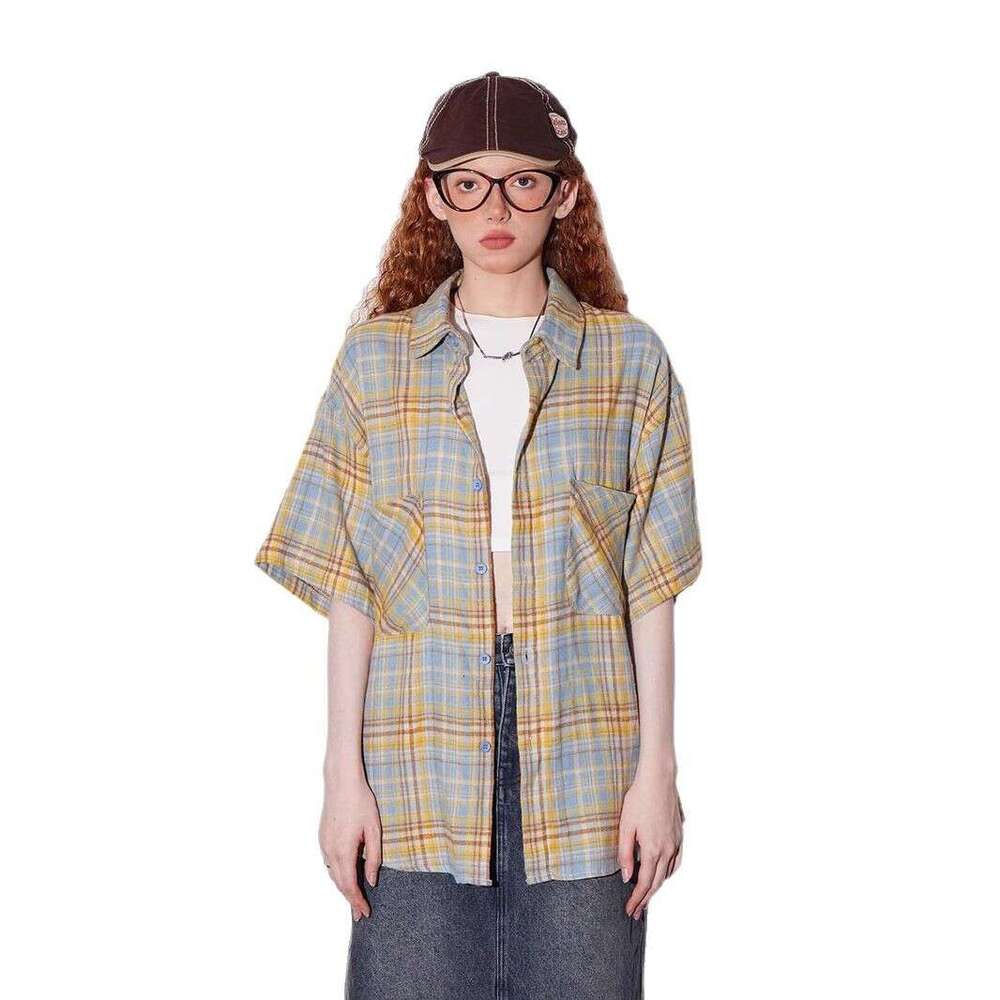 American Retro Plaid Short-Sleeve For Women, Loose-Fitting, Versatile Couple's Shirt