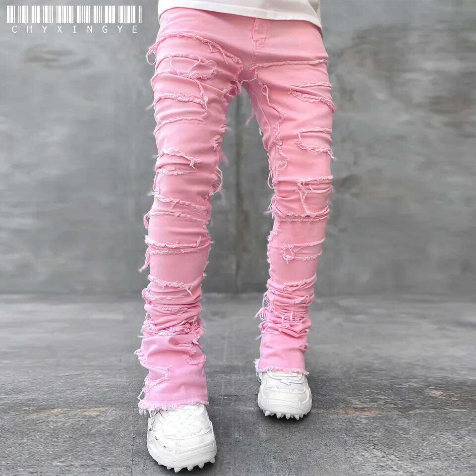 Streetwise Stretch Patch Jeans For Men Bottom Baggy Men's Clothing Summer Solid New Fashion Mid Waist Patchwork Long Pants Male 26Y0330