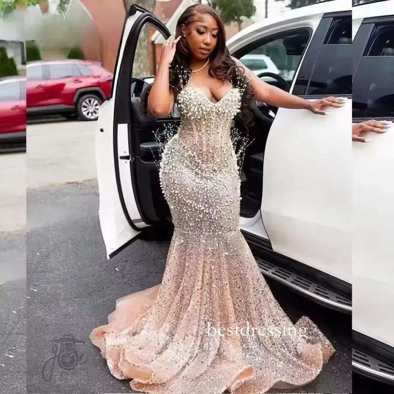 Luxury Pearl Prom Dresses For Black Girl 2026 Sequin Mermaid Birthday Party Customized African Evening Gowns D21 D0330