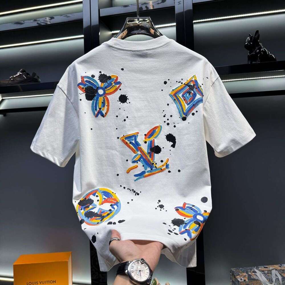 Men's American High-End Hand-Painted Graffiti Print Round Neck Short T-Shirt luxury Summer New Trendy European Style Half Sleeve