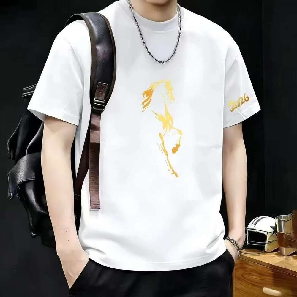 2026 Year Of Horse Popular Pure Cotton Gold Horse Print Short-Sleeve Men, Red High-End T-Shirt For The Zodiac Year