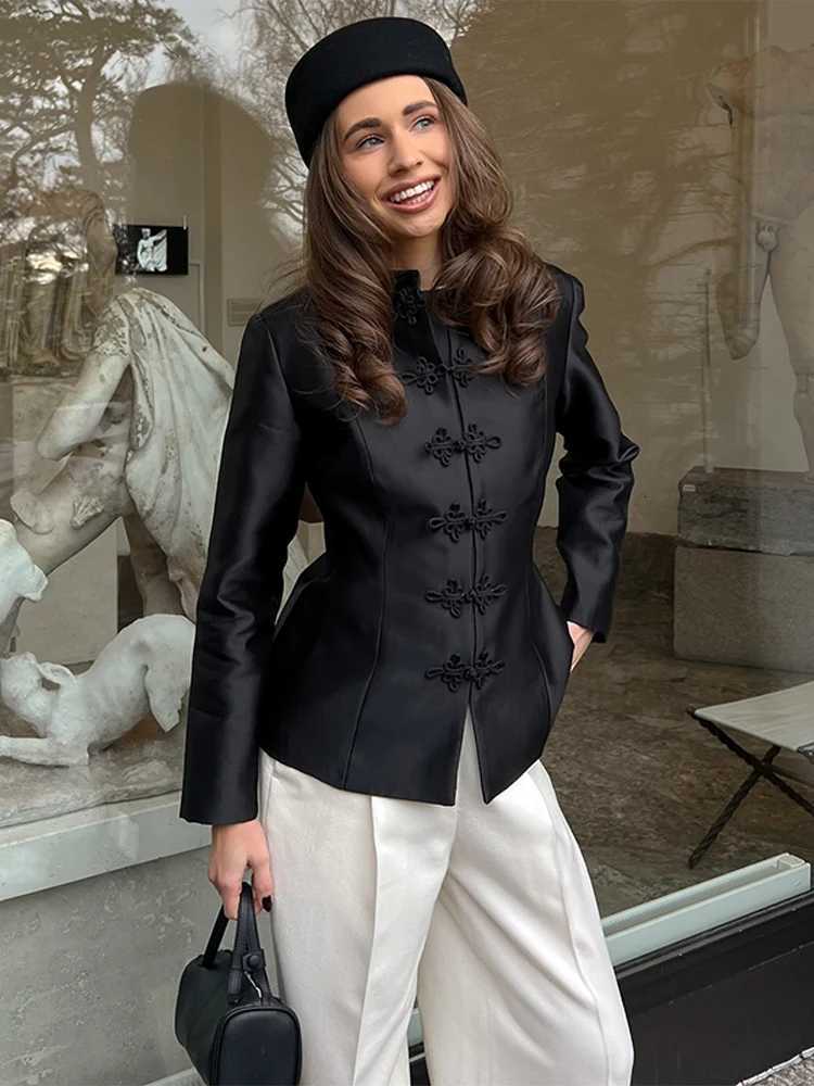Womens Napoleon Style Black Cropped Jacket Coat Long Sleeve Tops Braided Button Trim Vintage Slim Fit Fashion Lady OuterwearT260328