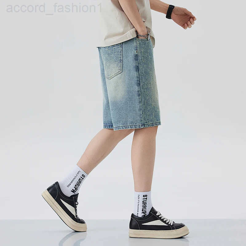 Summer New Mens Oversized Wide Shorts Lightning Cracked Y2k Baggy Jeans Washed Streetwear Fashion Loose Calf-length Denim Pants H260330