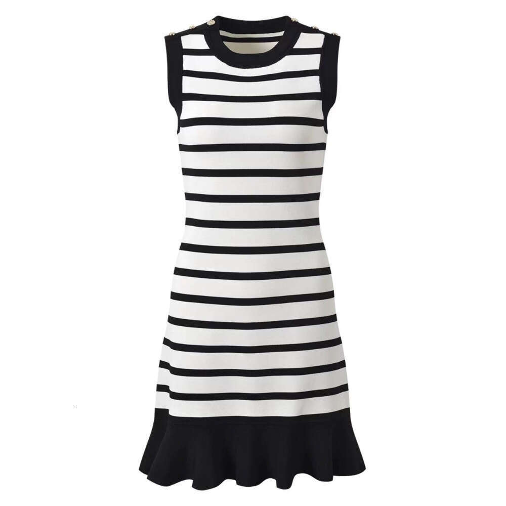 Designer French niche style S18 elegant round neck sleeveless slim fit single button black and white striped pleated knitted women's dress