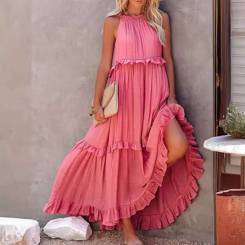 European and American 2026 Summer New Vacation Style Ruffled Long Flared Flowing Beach Dress for Women