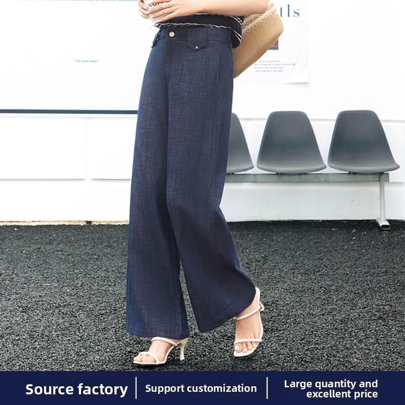 Casual curved-leg breathable and slimming wide-leg pants, spring-summer women's fashionable silhouette retro topstitch jeans wholesale