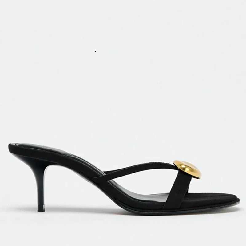 Summer 2025 Metal Decorative Black High-heeled Sandals Women Fashion Round Toe Open Toe Sexy Thin High Heel Slippers Ladies Shoe Z260330