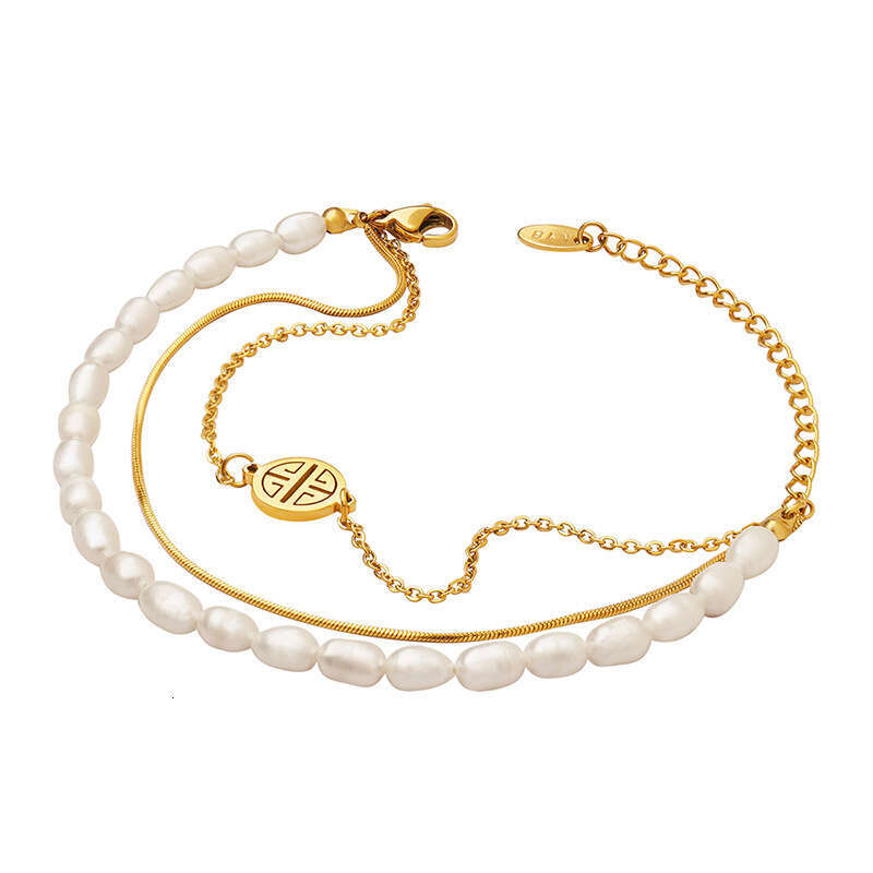 Chinese Style Ins Retro Design Simple Three-layer Fortune Charm Freshwater Pearl Gold Titanium Steel Bracelet For Women