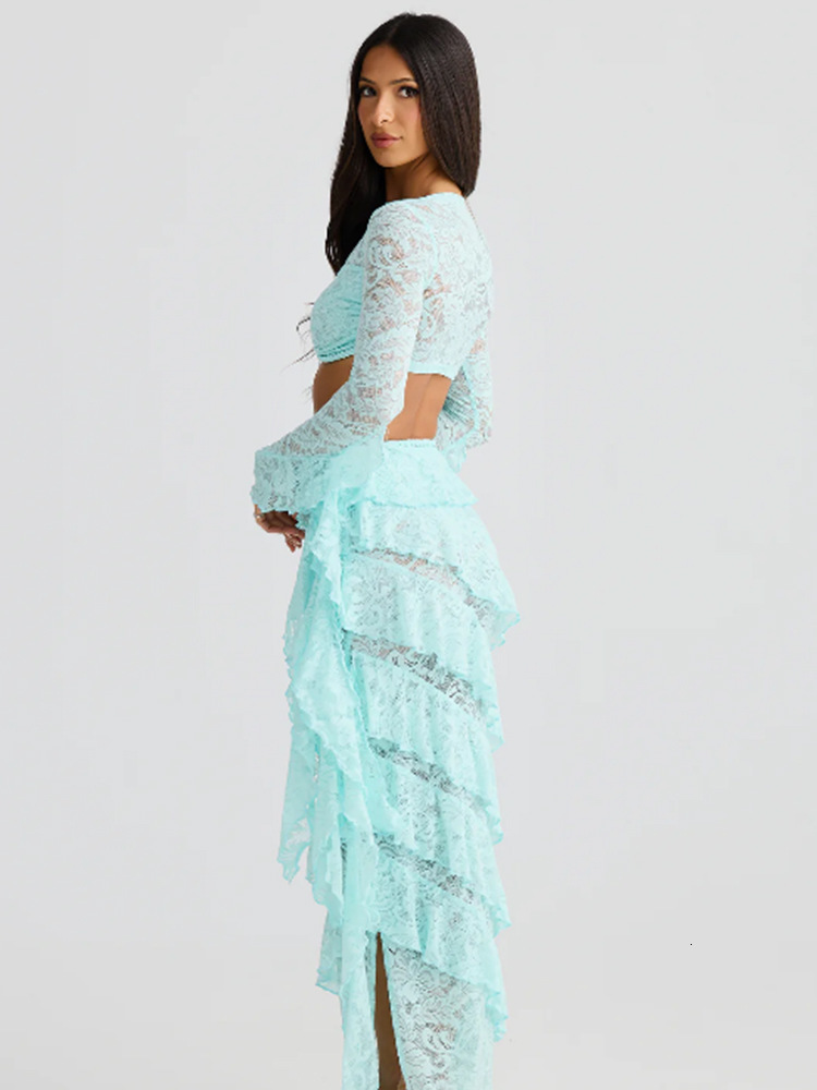 Sexy Lace Hollow Out Skirt Set Women Square Collar Ribbon Crop Top A-line Mini Split Skirt Female Sets Summer Lady Suit 250614