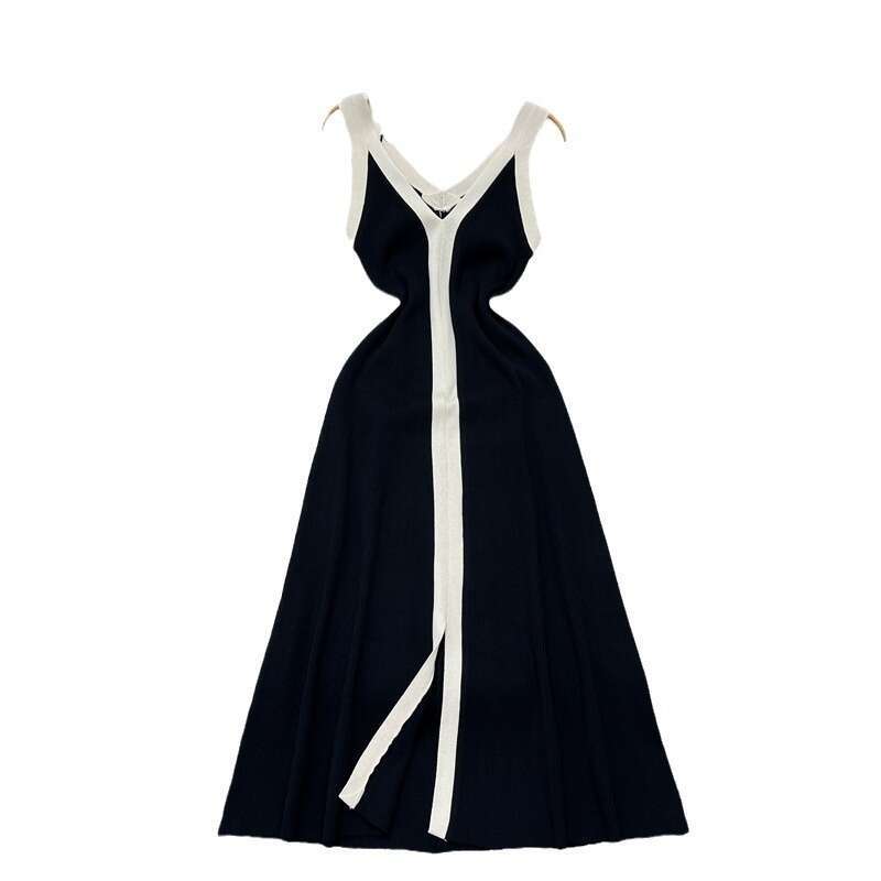 2026 Spring/Summer New Fashionable and S18 Elegant Color Block V-neck Long Knitted Women's Tank Top Hepburn Black Dress