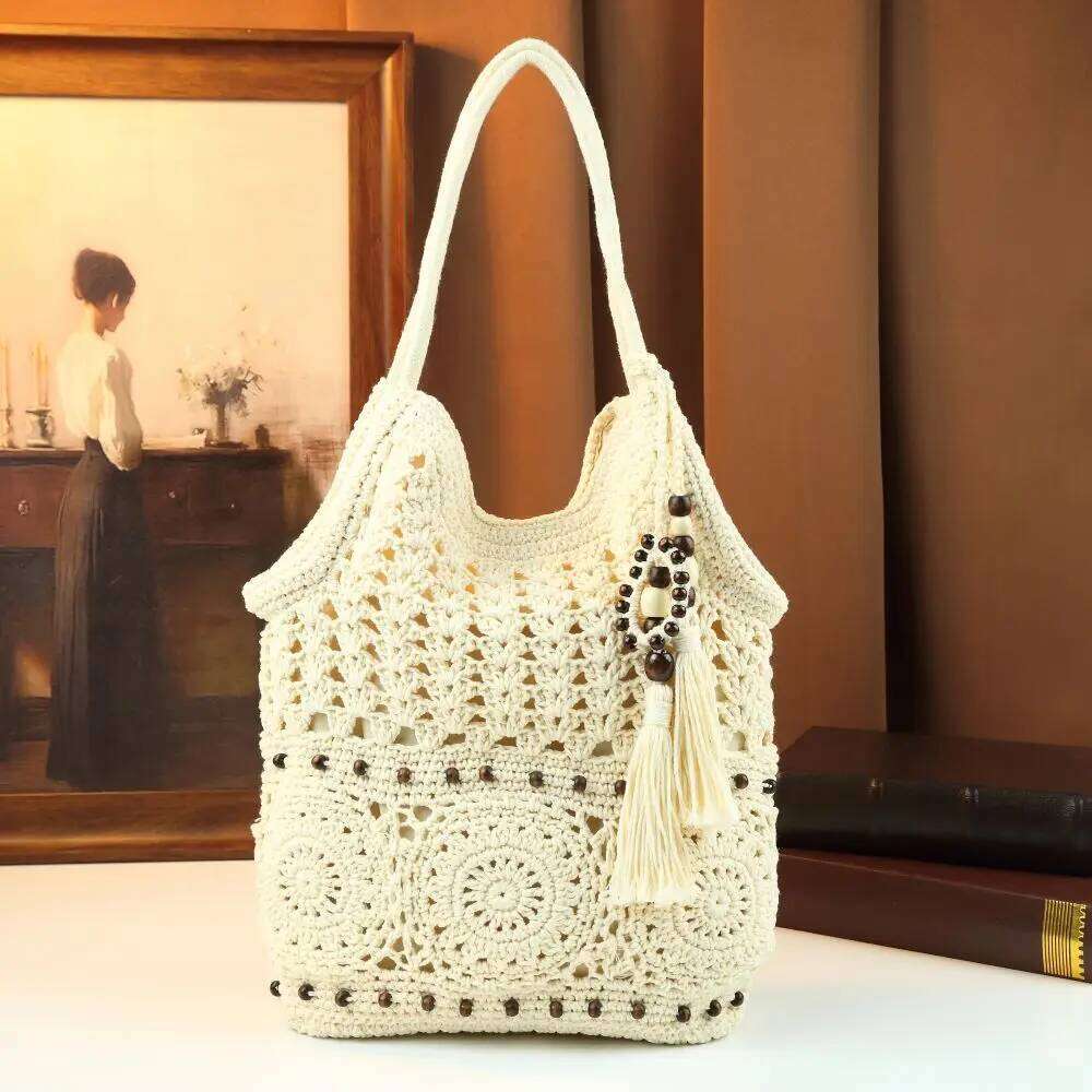 2026 New Crochet Knitting Openwork Woven Large Capacity Tassel Bead Shoulder Bag, Summer Beach Bag
