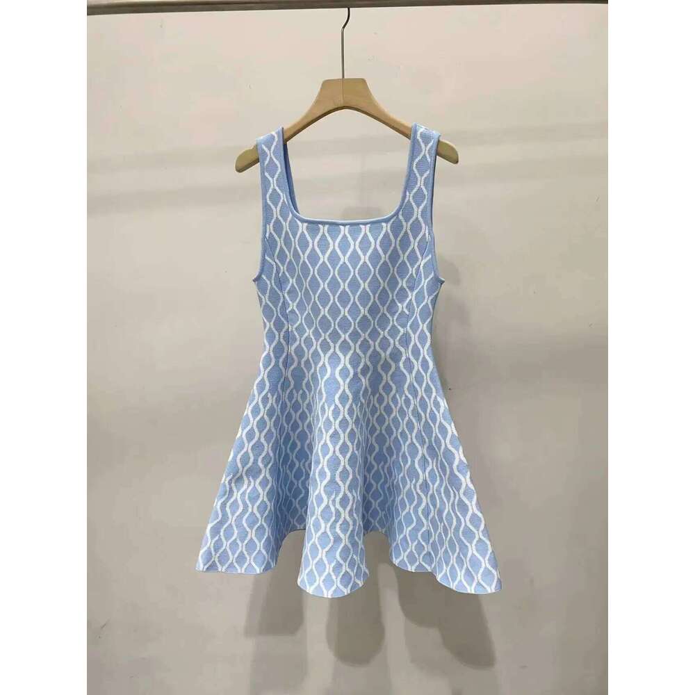 Women's Geometric Jacquard Knit Tank Dress Sweet High-Waisted Blue Or Black Sleeveless A-Line Short Robe Mdng260330