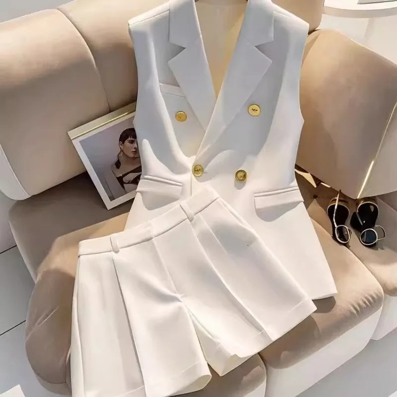 Elegant Office Lady Sleeveless Blazer and Shorts Set with Gold Button White Two Piece Suit Women Summer Business Casual Outfit 260326