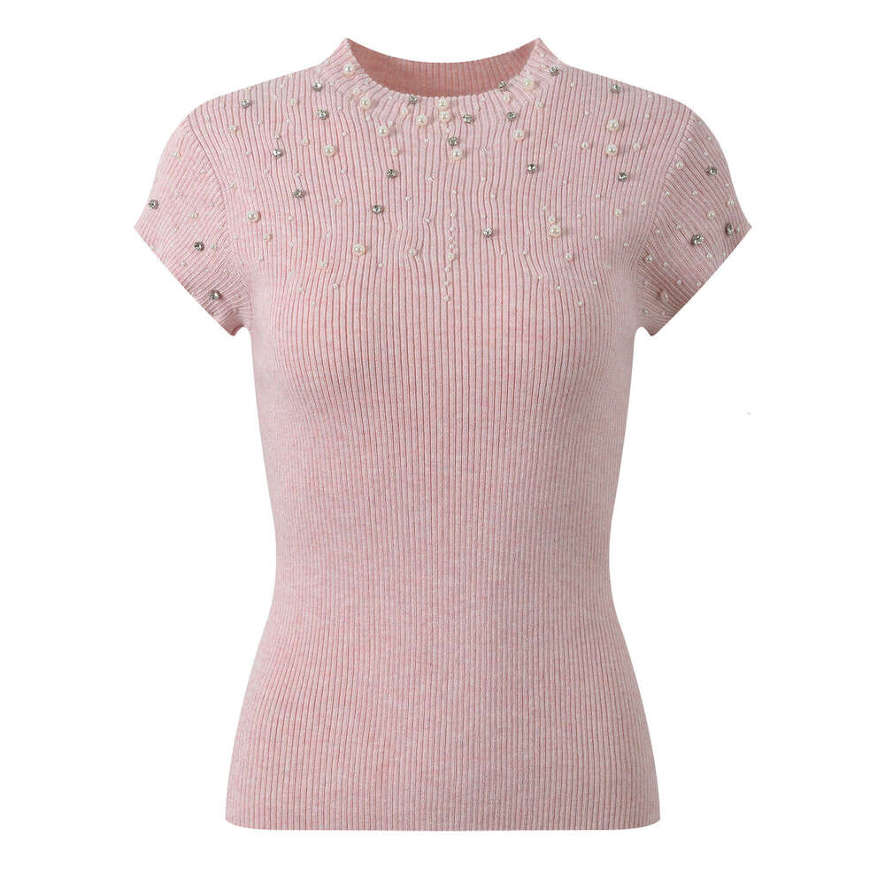 2026 Spring and Summer New Designer Fashion Casual k30 Style FC Pearl embellishment Slim Knitted Short Sleeve Top