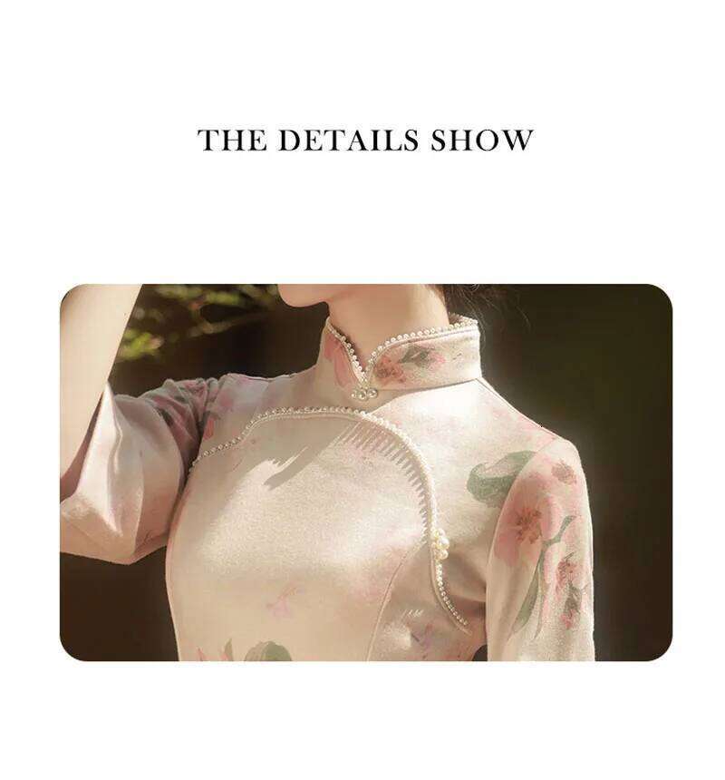 Pink Cheongsam Women2022 New Improved Qipao Spring Vintage Style Suede Young Girl 3/4 Sleeve Long Dresses MAKOUFEI