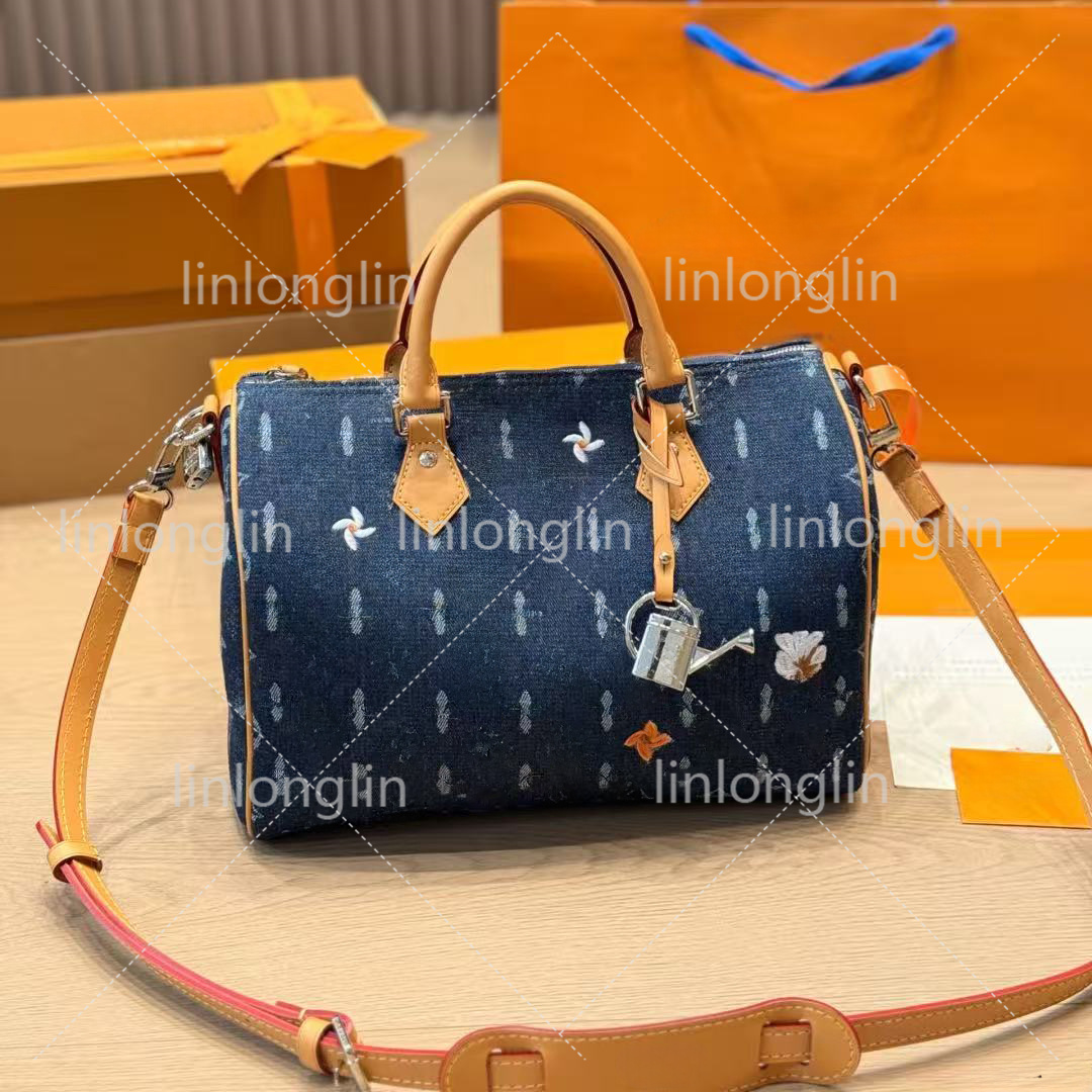 flowers denim bag shoulder bag women classic bag leather denim crossbody luxury tote purse flower clutch handbag with watering can charm