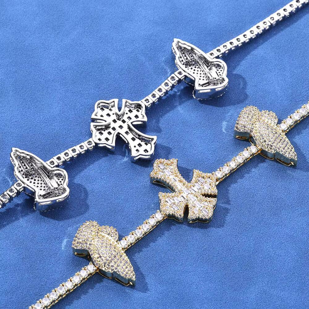 European American Vintage S925 Silver Moissanite Cross Praying Hands Tennis Chain Custom Hip Hop Mens Necklace