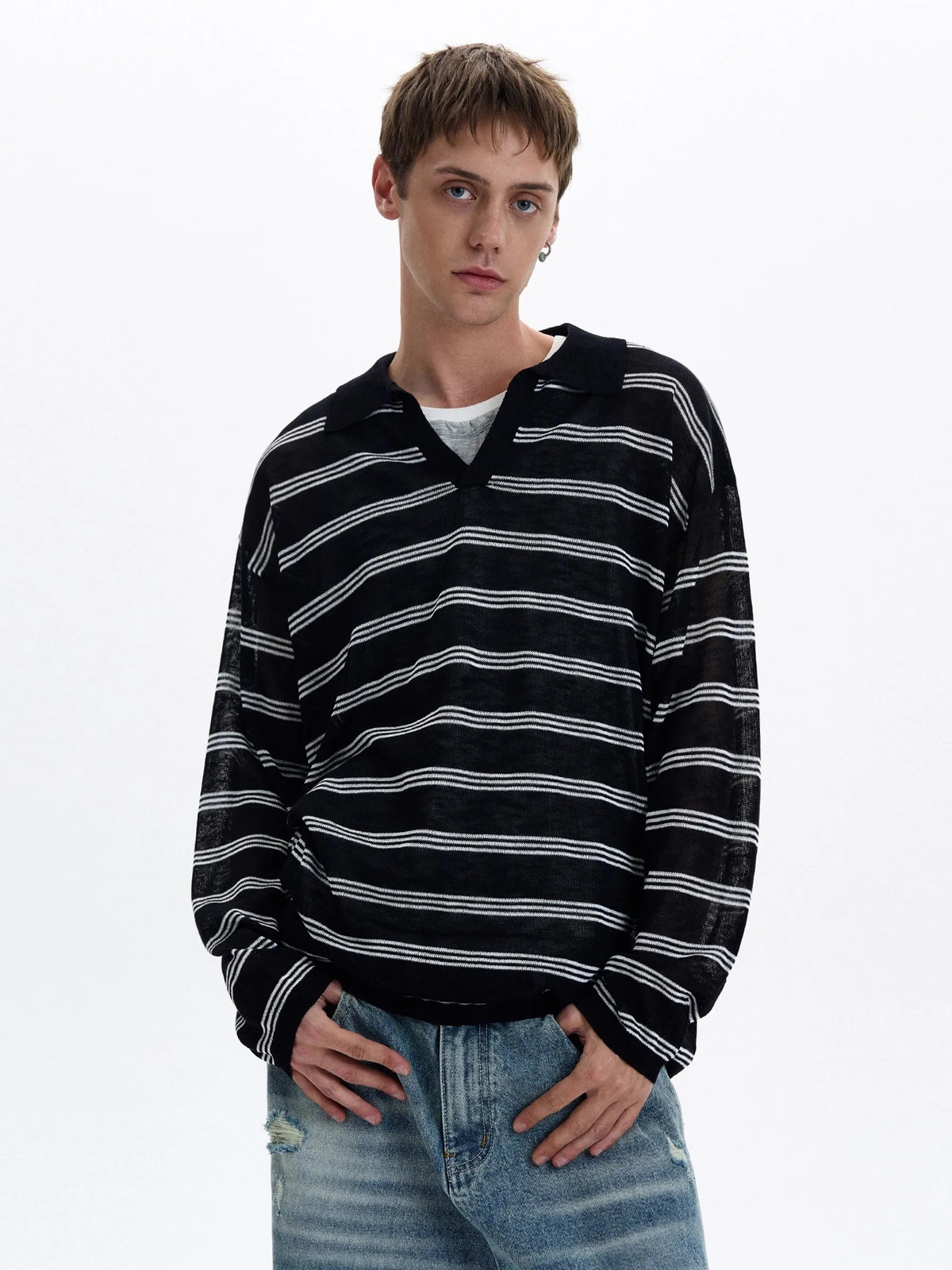American Retro Striped Contrasting Color V-neck Long-sleeved Polo Shirt Men Women Loose Casual Bottoming Trendy Tops Aesthetic 260326