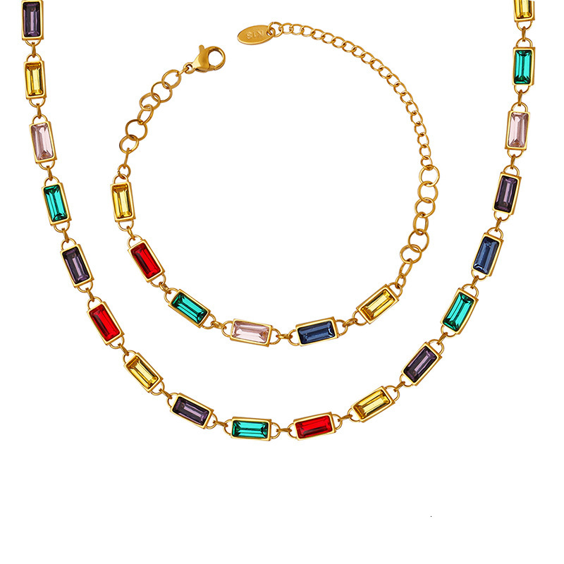 Colorful Rectangle Rhinestone Spliced Necklace Non-fading Bracelet 18k Gold Stainless Steel Multi-color Stones Luxury Designer Simple Unique Jewelry S