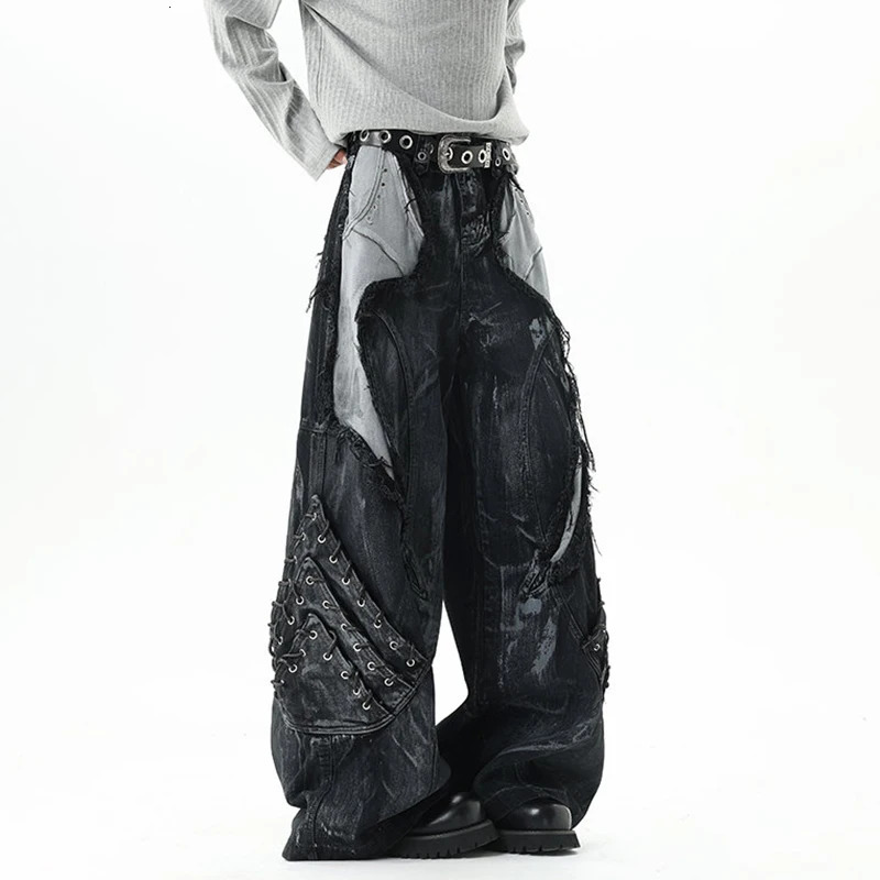 IEFB High Street Mens Denim Trousers Patchwork Contrast Color Drawstring Raw Edge Dirty-dying Worn-out Male Jeans 9X1768 260327