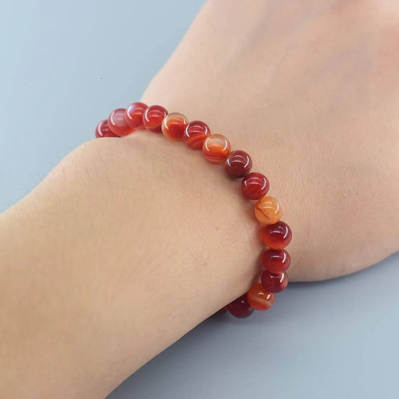 Natural Stone Stripes Agates Beads Bracelet Women Men Genuine Red Carnelian Round Healing Jewelry Yoga Meditation Plusera