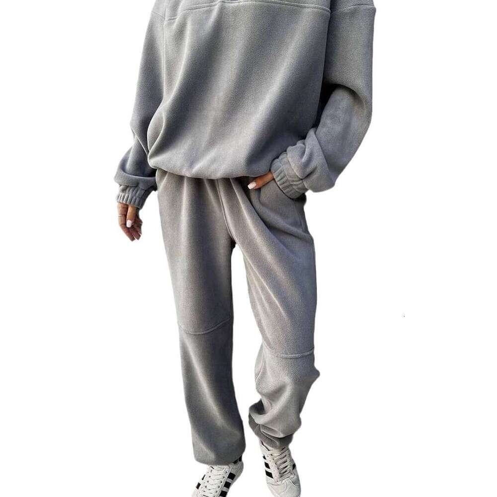 2026 European American cross-border new casual sweatshirt for women, solid color fleece top and long pants two-piece set