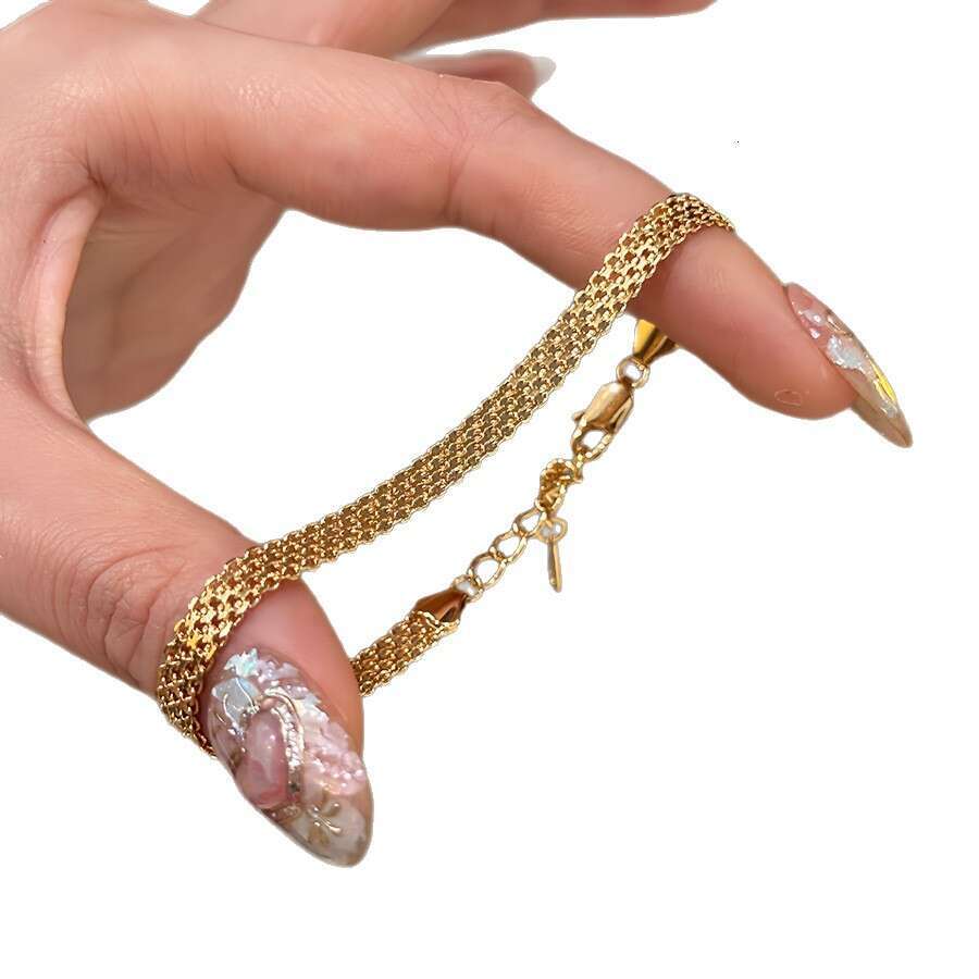 18K real Design gold plated flat grid bracelet, simple Dainty retro minimalist style, niche high-end jewelry