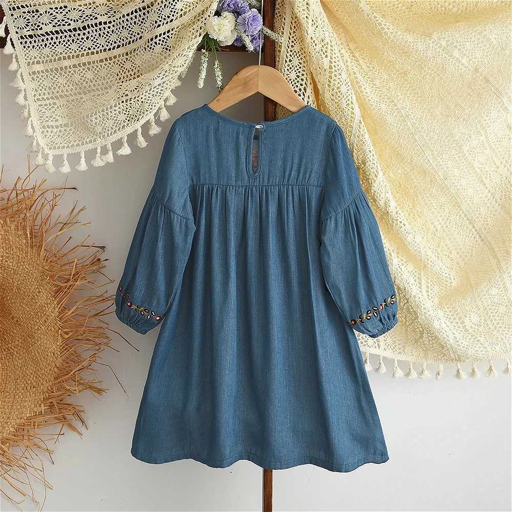 Autumn Long Sleeved Blue Childrens Clothing Imitation Denim Flower Embroidery Girl Casual Dresses Solid Color Spring Kids DressT260330
