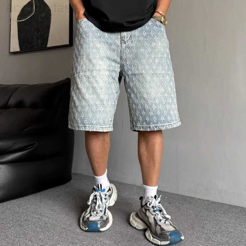 American Retro Jacquard Denim Shorts for Mens Summer Design Niche Washed Five Quarter Pants High Street Sports Pants H260330