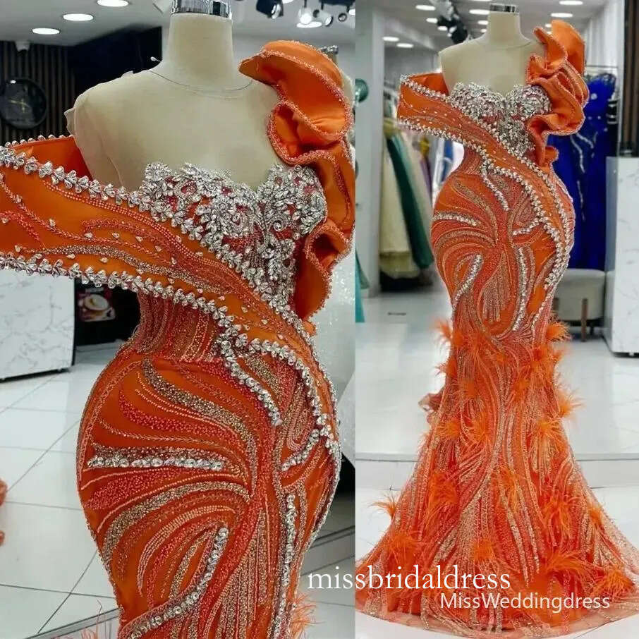 Aso Ebi 2026 Orange Mermaid Prom Dresses Rhinestones Feather Sequined Lace Evening Gowns Robe De Soiree Mariee Luxe 1205 D0327