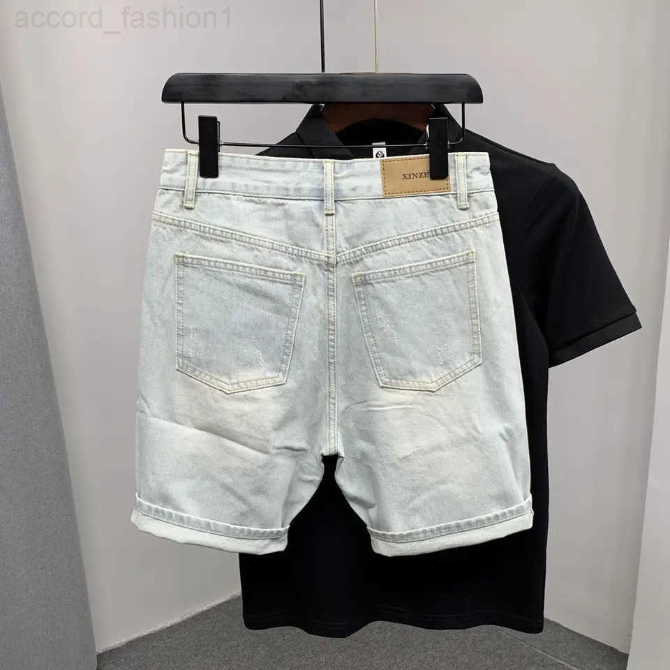 New 2025 Beggar Cat Whisker Big Hole Popular Pants Mens Summer Trendy Brand Washed Blue Denim Shorts Streetwear Ripped Jeans H260330