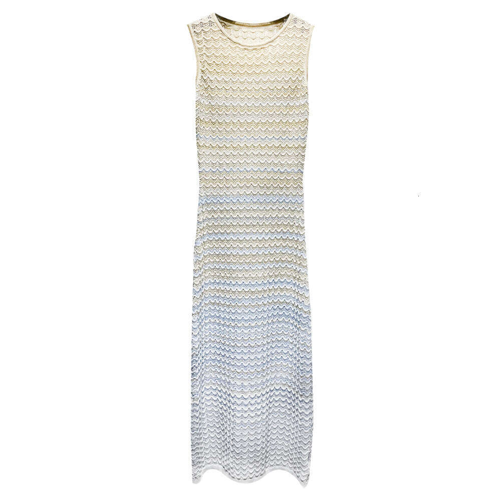 2026 Summer New Designer c1 French Sweet Style Wave Sleeveless Gradient Knitted Women's Long Skirt
