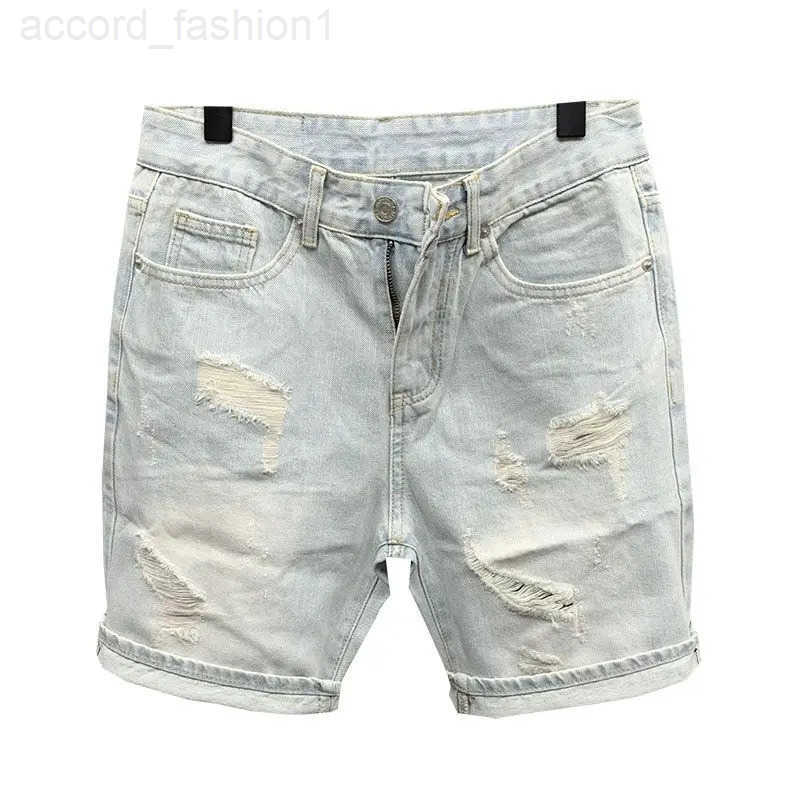 New 2025 Beggar Cat Whisker Big Hole Popular Pants Mens Summer Trendy Brand Washed Blue Denim Shorts Streetwear Ripped Jeans H260330