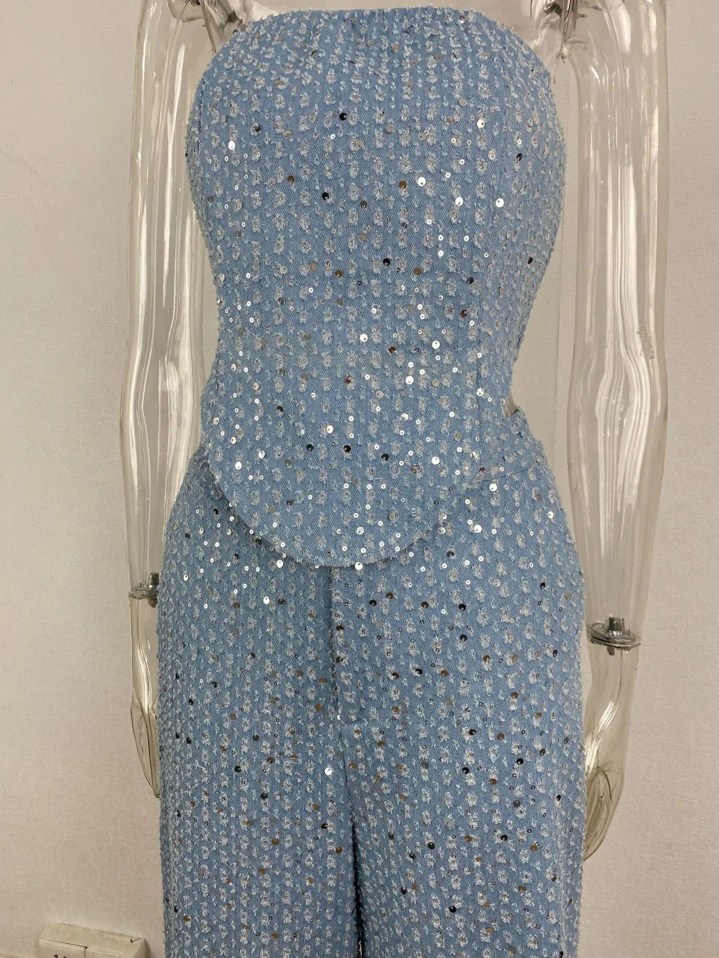 Fashion Sequins Denim Set Women Strapless Tunic Waist Crop Top and Wide Leg Pant Suit 2026 2 Piece Sets Outfits Tracksuit