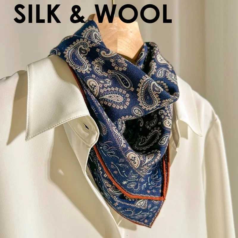 Psychedelic Paisley Silk Wool Scarf for Wen Autumn/Winter Deep Blue Versatile Warm Elegant Square Shawl X260328